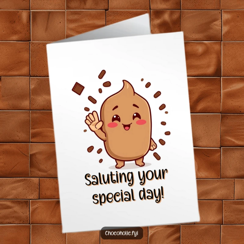 Funny Free Printable Birthday Card featuring a chocolate cocoa powder character striking a hilarious, silly salute.