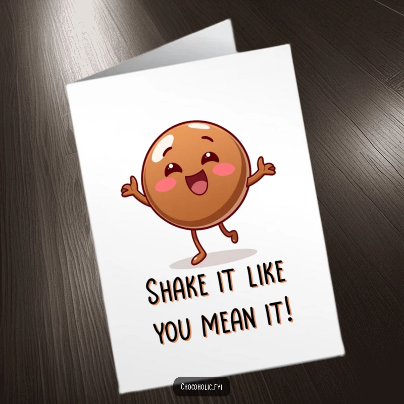 Funny Free Printable Birthday Card featuring a round chocolate candy doing a wacky, wobbly dance with glee.