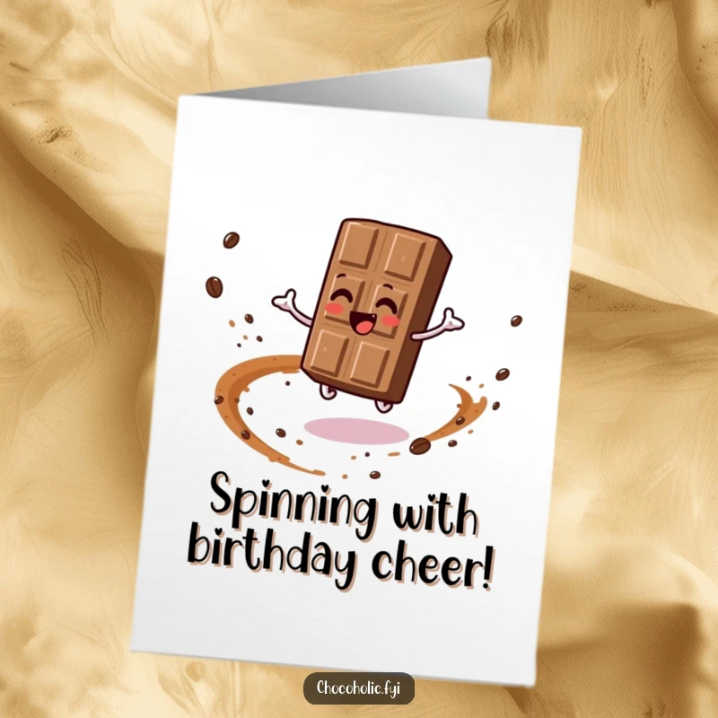 Funny Free Printable Birthday Card: Chocolate bar character gleefully spinning in a circle, leaving a visible trail of cocoa dust.