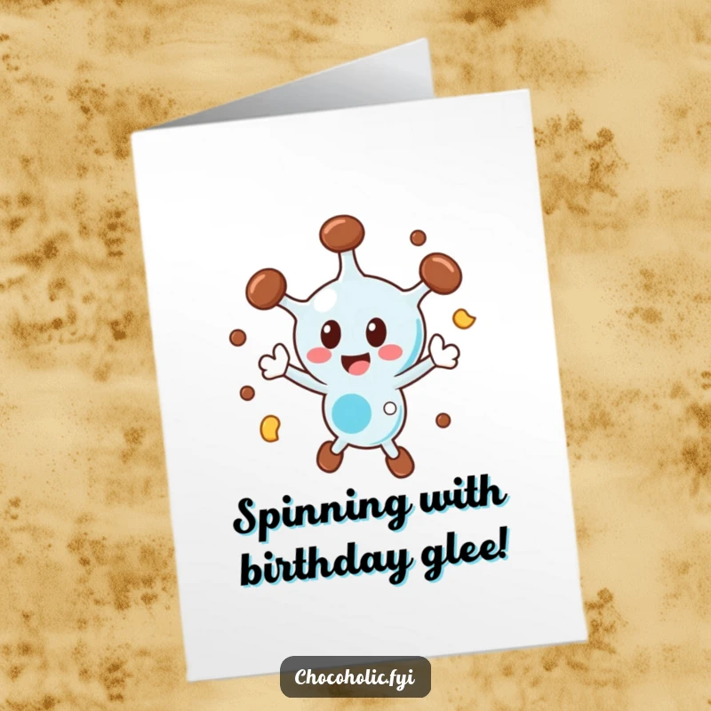 Funny Free Printable Birthday Card featuring a chocolate molecule character joyfully spinning around in delight.