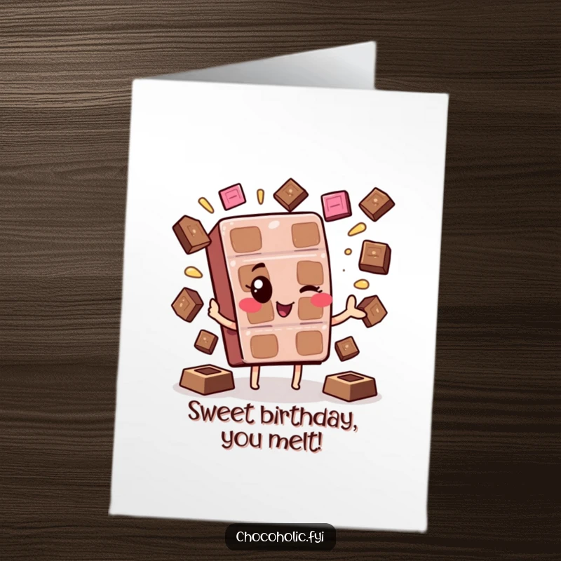 Funny Free Printable Birthday Card: A kawaii chocolate bar character winking while juggling melting chocolate squares playfully.