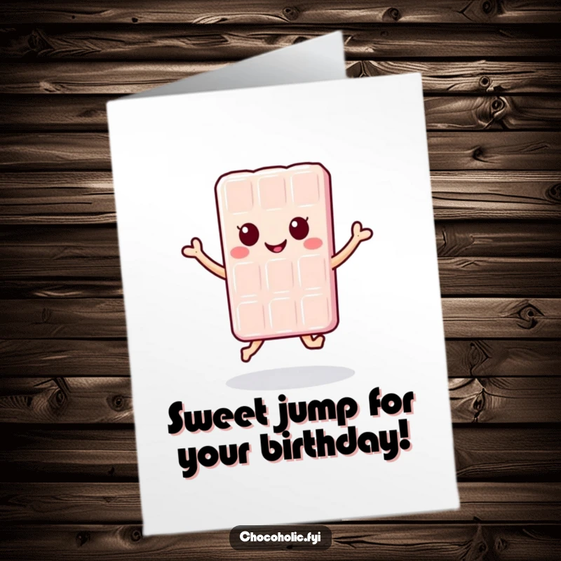 Funny Free Printable Birthday Card: Kawaii chocolate bar character mid-jump, radiating pure, sweet happiness, ready for a birthday wish.