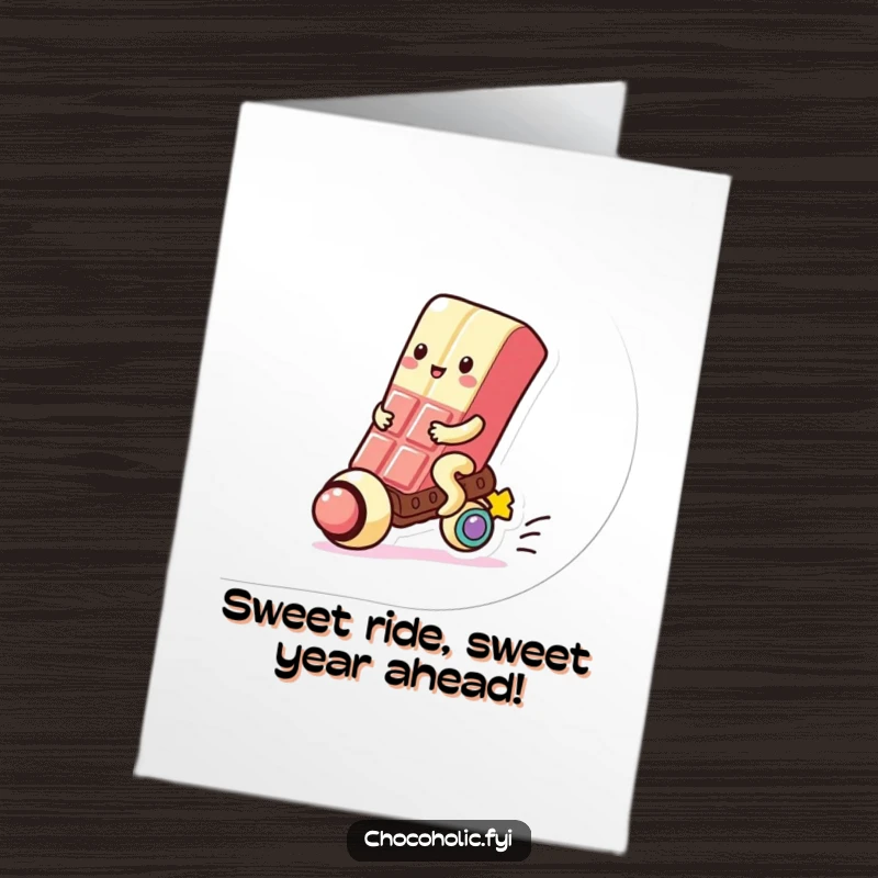 Funny Free Printable Birthday Card: Kawaii chocolate bar joyfully rides a colorful gumball, bringing sweet birthday wishes.