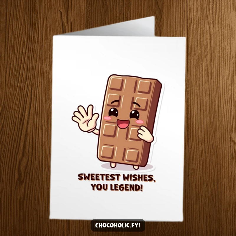 Funny Free Printable Birthday Card featuring a grinning chocolate bar character waving happily, perfect for a sweet DIY gift.