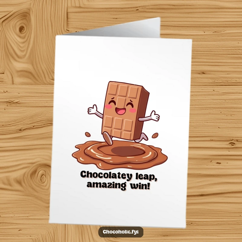 Funny Free Printable Congrats Card: Chocolate bar character performing a joyful leap over melted chocolate.