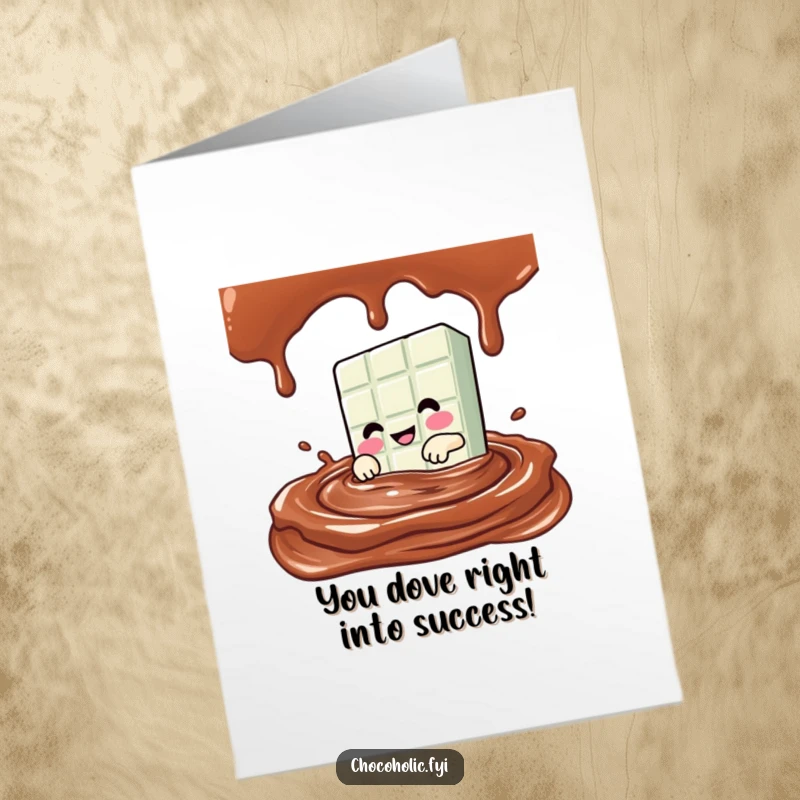 Funny Free Printable Congratulations Card: A Kawaii chocolate bar character enthusiastically dives into a rich pool of chocolate sauce to celebrate.