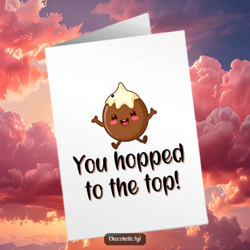 Funny Free Printable Congratulations Card featuring a chocolate truffle character triumphantly doing a happy, celebratory hop.