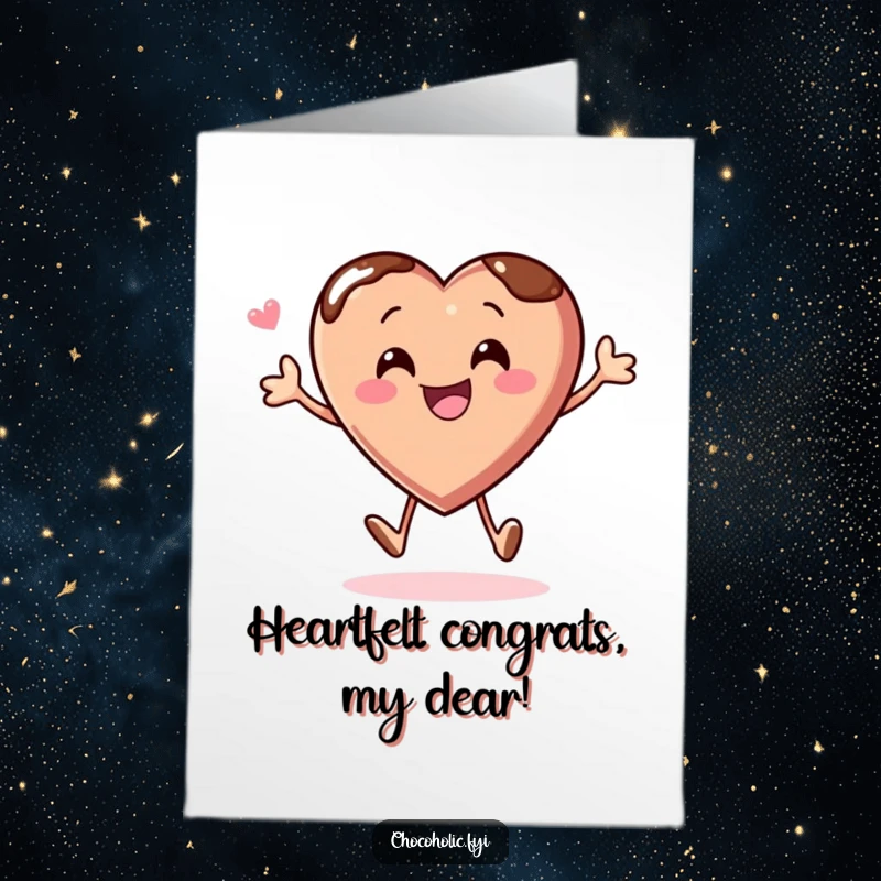 Funny Free Printable Congratulations Card: A chocolate heart character energetically bouncing with pure glee and celebratory spirit.