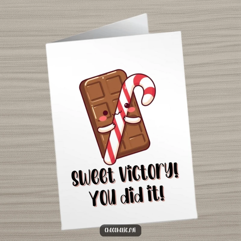 Funny Free Printable Congratulations Card featuring a chocolate bar excitedly hugging a candy cane, celebrating success.