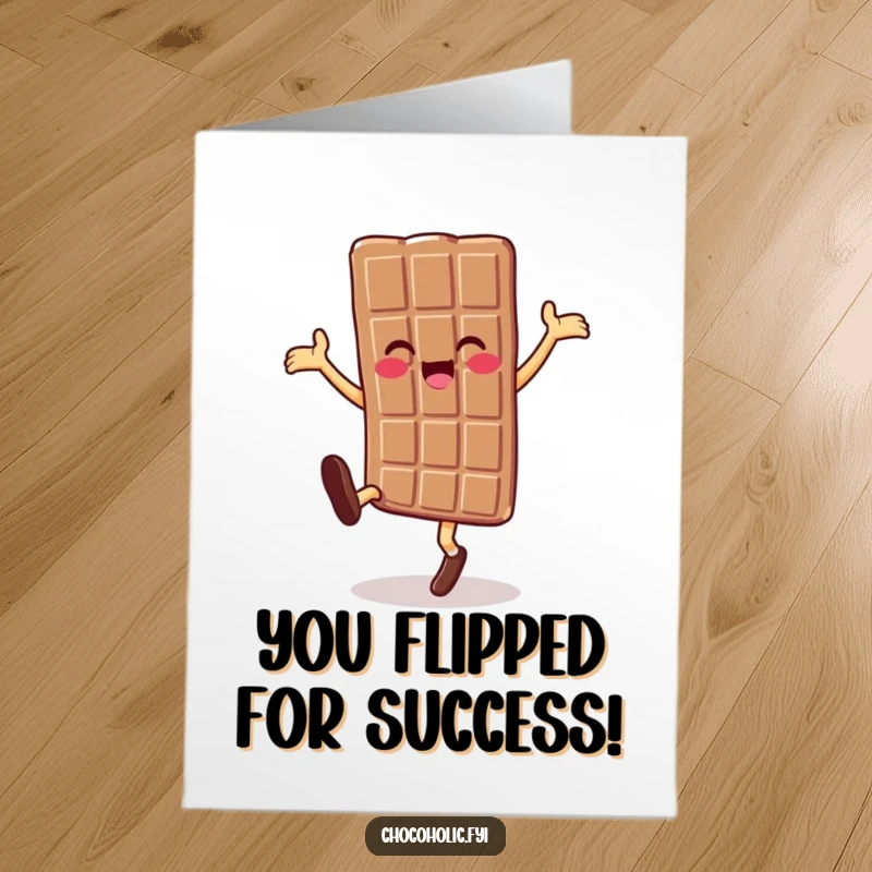 Funny Free Printable Congratulations Card: A chocolate bar character performing a happy cartwheel, signifying a joyous achievement and celebration.