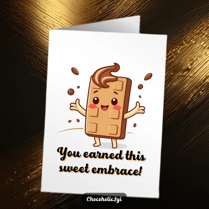 Funny Free Printable Congrats Card: A kawaii chocolate bar joyfully embraces a swirling cocoa cloud, celebrating success.