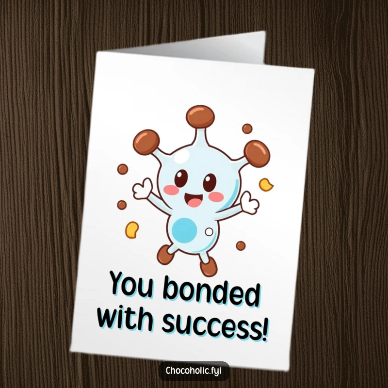 Funny Free Printable Congratulations Card showing a chocolate molecule character in a dizzying, delightful spin of pure excitement.