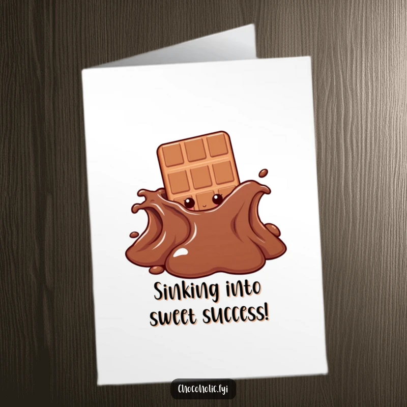 Funny free printable congratulations card: a chocolate bar character peeking shyly from behind a gooey, melting chocolate puddle.