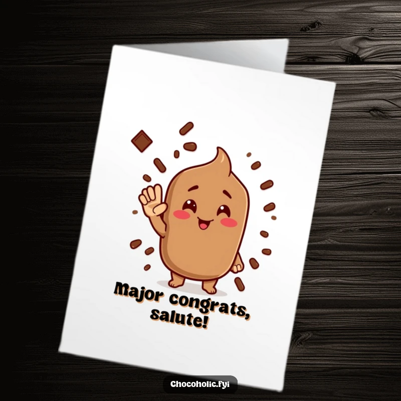 Funny Free Printable Congratulations Card where a chocolate cocoa powder character gives an enthusiastic, silly salute.