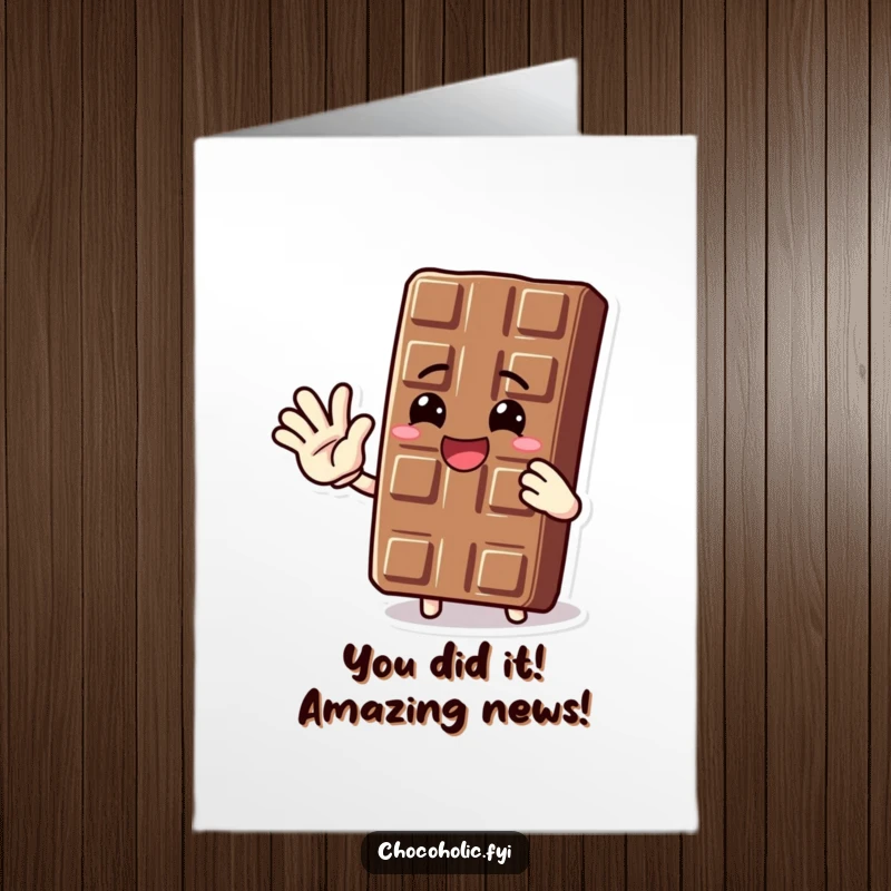 Funny Free Printable Congrats Card showing an energetic chocolate bar character waving hello, a great downloadable gift.