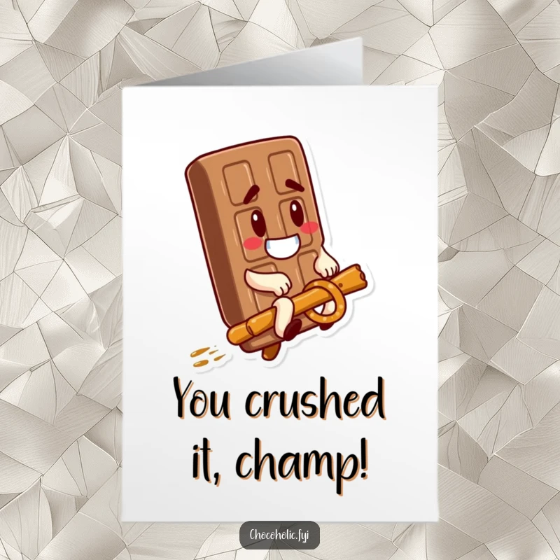 Funny Free Printable Congratulations Card featuring a chocolate bar with a goofy grin riding a pretzel stick.