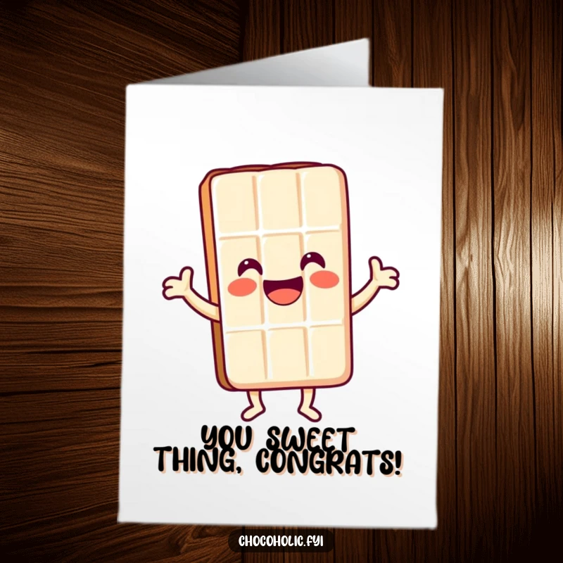 Funny Free Printable Congratulations Card: A kawaii chocolate bar character dancing happily with a huge smile, celebrating success. Joyful and amusing.