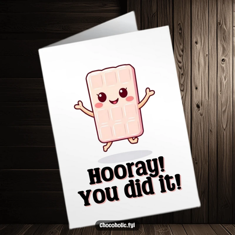Funny Free Printable Congrats Card: Kawaii chocolate bar character leaping happily, perfect for celebrating a big win with a chuckle.