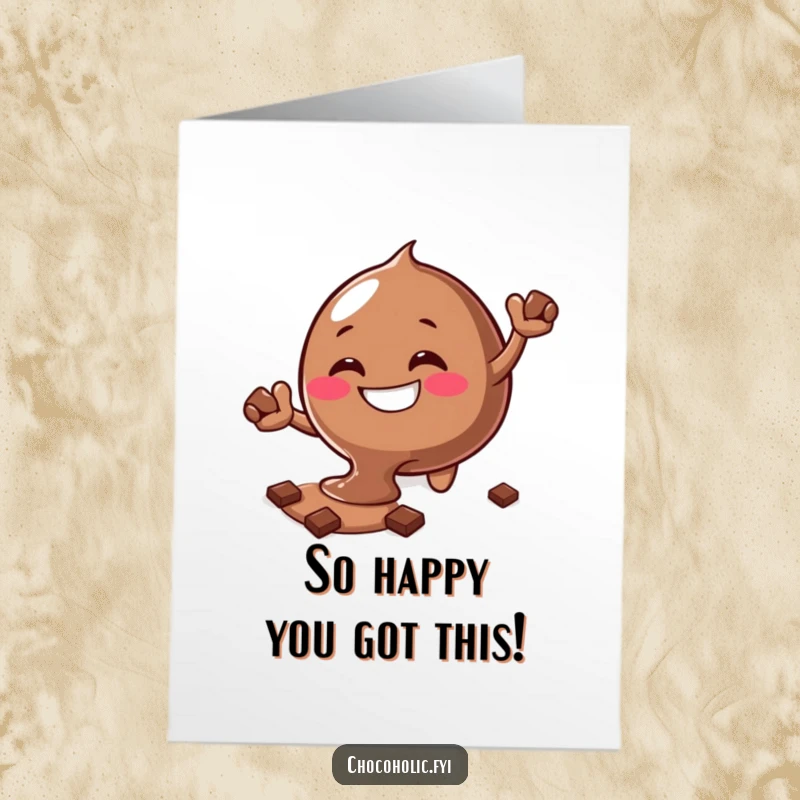 Funny Free Printable Congrats Card depicting a melting chocolate blob character with a silly grin, always wanting more.