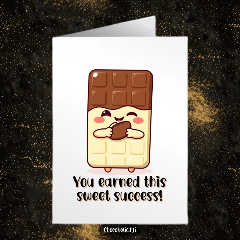 Funny Free Printable Congrats Card showing a kawaii chocolate bar winking and holding a cocoa bean, celebrating achievements.