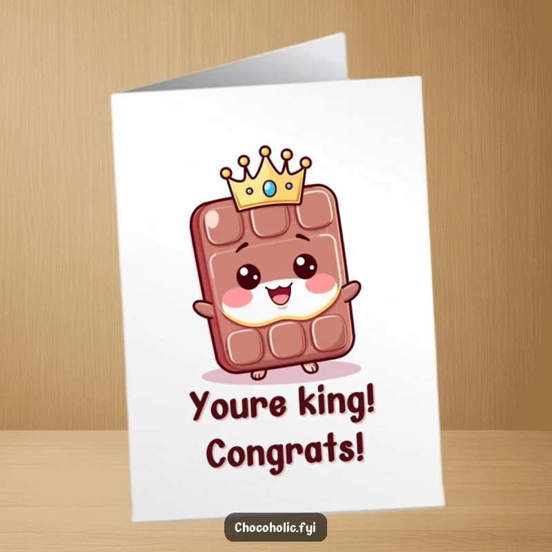 Funny Free Printable Congratulations Card: A kawaii chocolate bar beams proudly, wearing a small crown, celebrating an achievement.