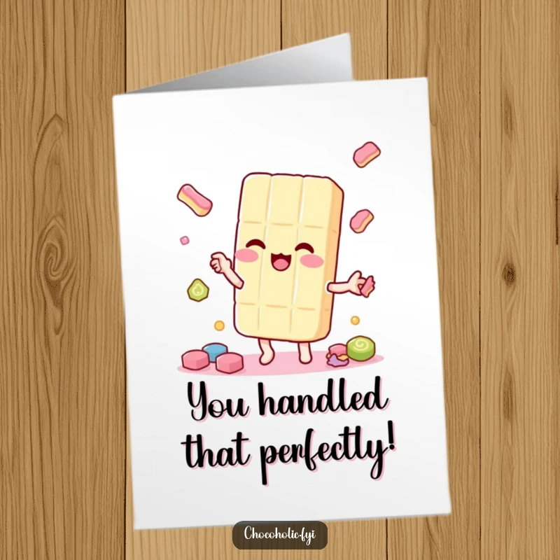 Free Printable Congratulations Card: A playful kawaii candy bar character juggling smaller candies, celebrating success with humor.