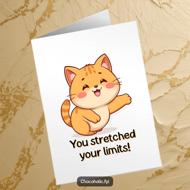 Funny Free Printable Kawaii caramel card of a cute character stretching like a cat, perfect for sending congratulatory messages.
