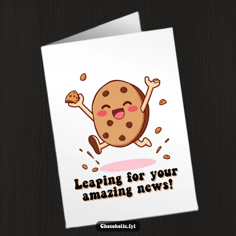 Funny Free Printable Congratulations Card: A happy kawaii cookie leaping high, throwing crumbs to celebrate a big achievement.