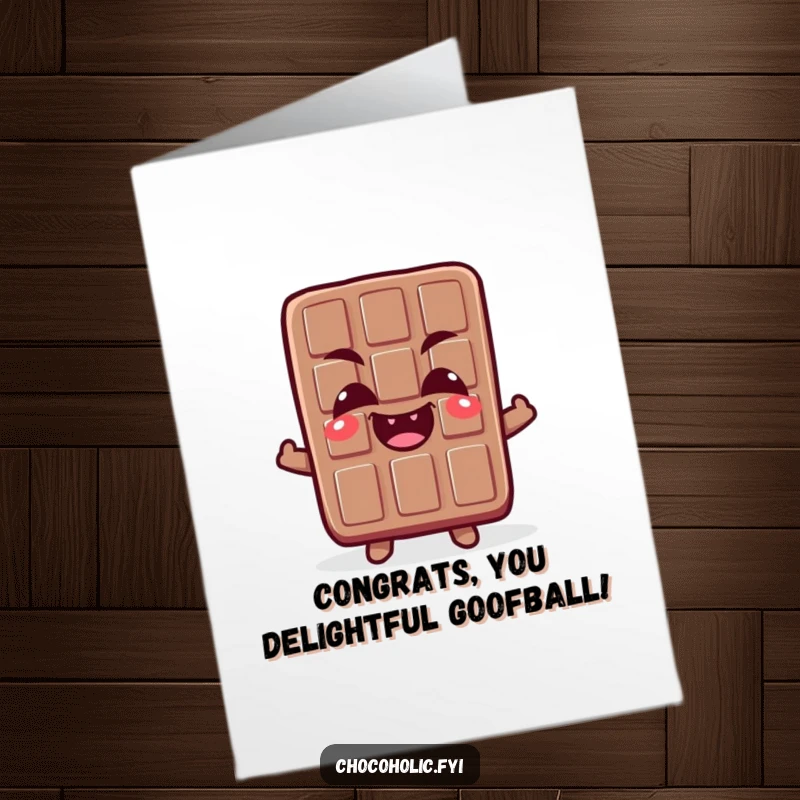 Funny Free Printable congratulations card featuring a chocolate bar character with crossed eyes and a giggle.