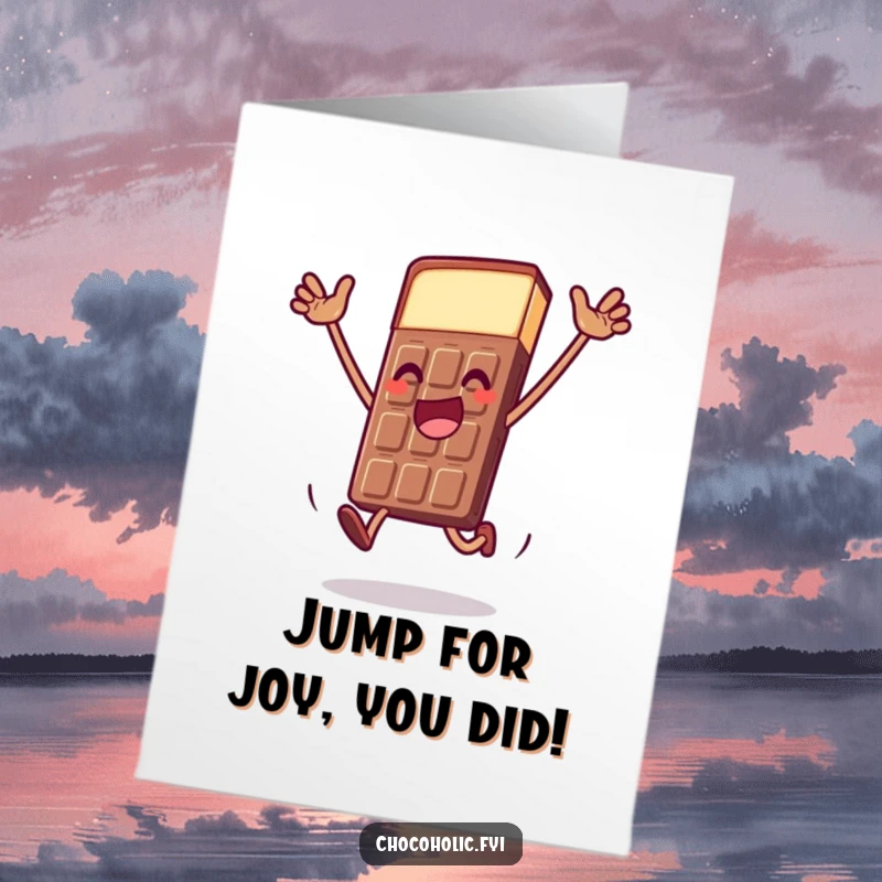 Funny Free Printable Congratulations Card of a chocolate bar character executing a dramatic, triumphant joyful leap.