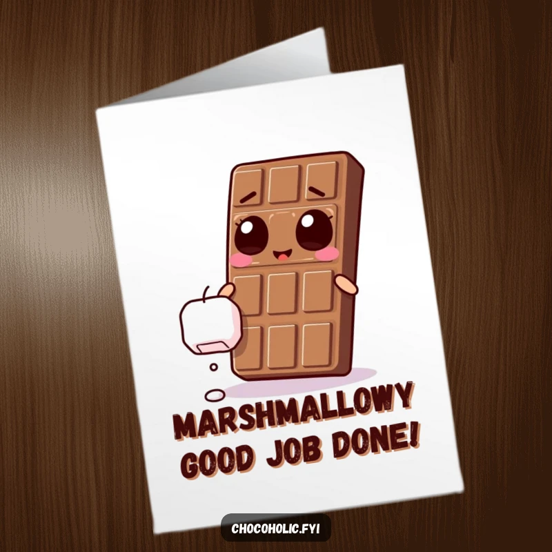 Funny Free Printable Congratulations Card shows a Kawaii chocolate bar with ecstatic eyes, eagerly reaching towards a floating marshmallow to celebrate.