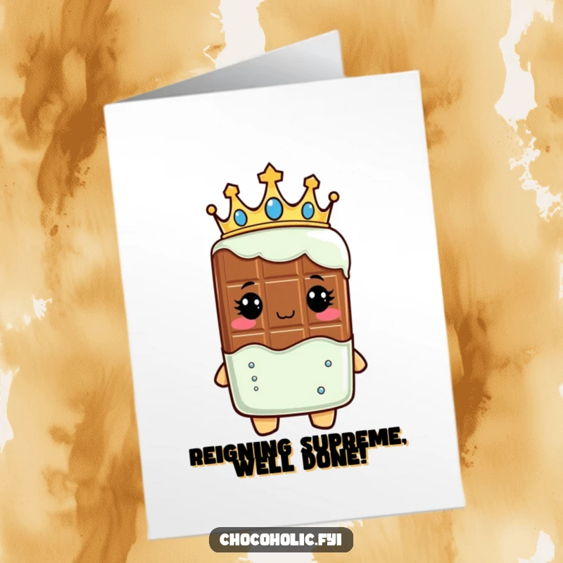 Funny Free Printable Congrats Card showing a chocolate bar character in a crown, a regal downloadable gift.