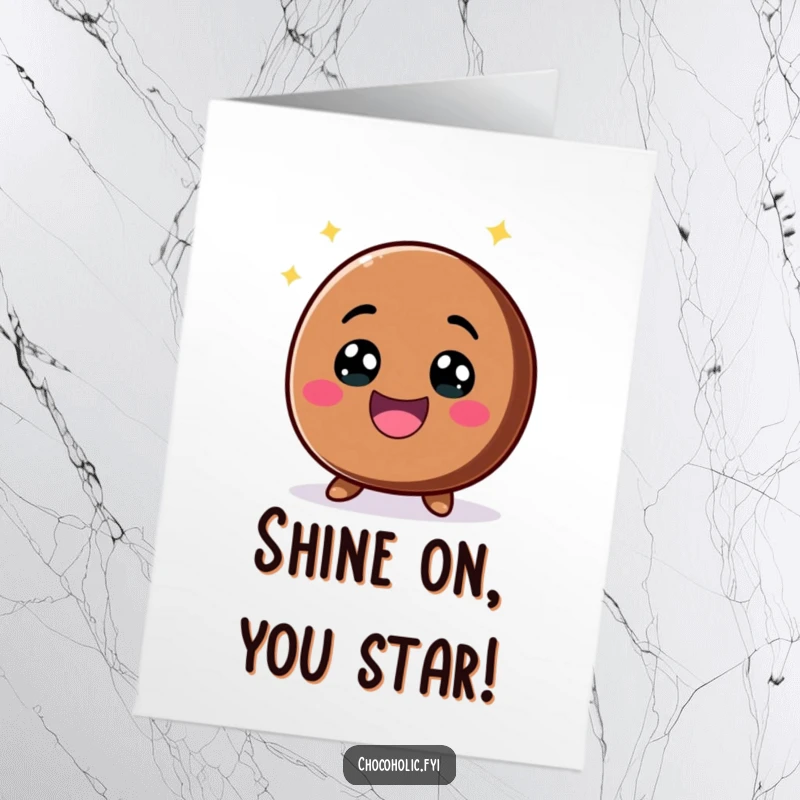 Funny Free Printable Congrats Card: A kawaii chocolate chip character with a huge, excited smile and sparkling eyes, celebrating a win.