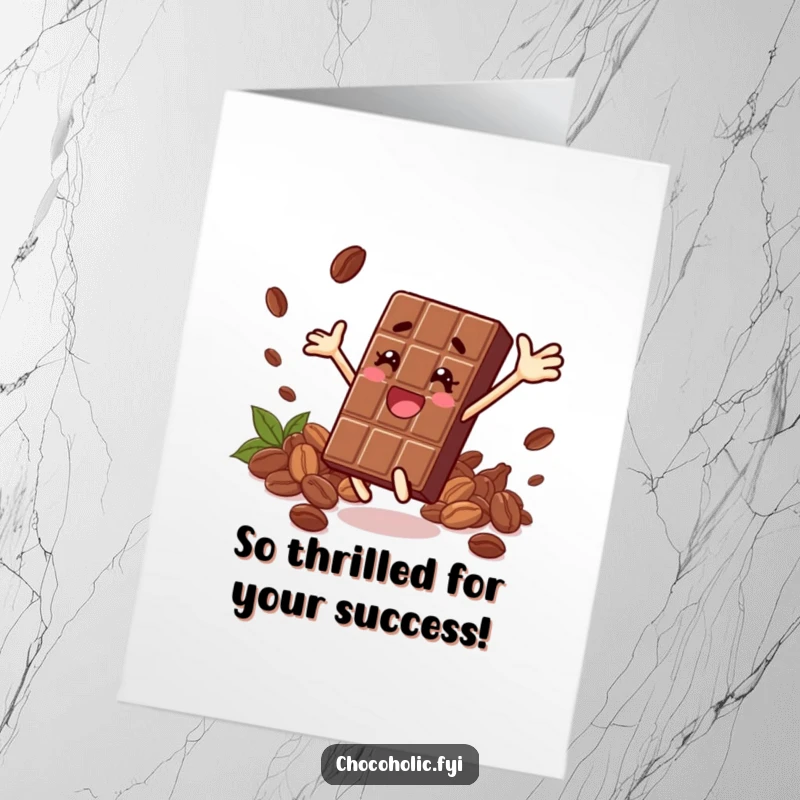 Funny Free Printable Congrats Card depicting a chocolate bar character leaping with cocoa beans, a superb downloadable gift.
