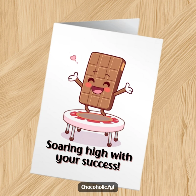 Funny Free Printable congratulations card showing a chocolate bar character joyfully bouncing on a marshmallow trampoline.