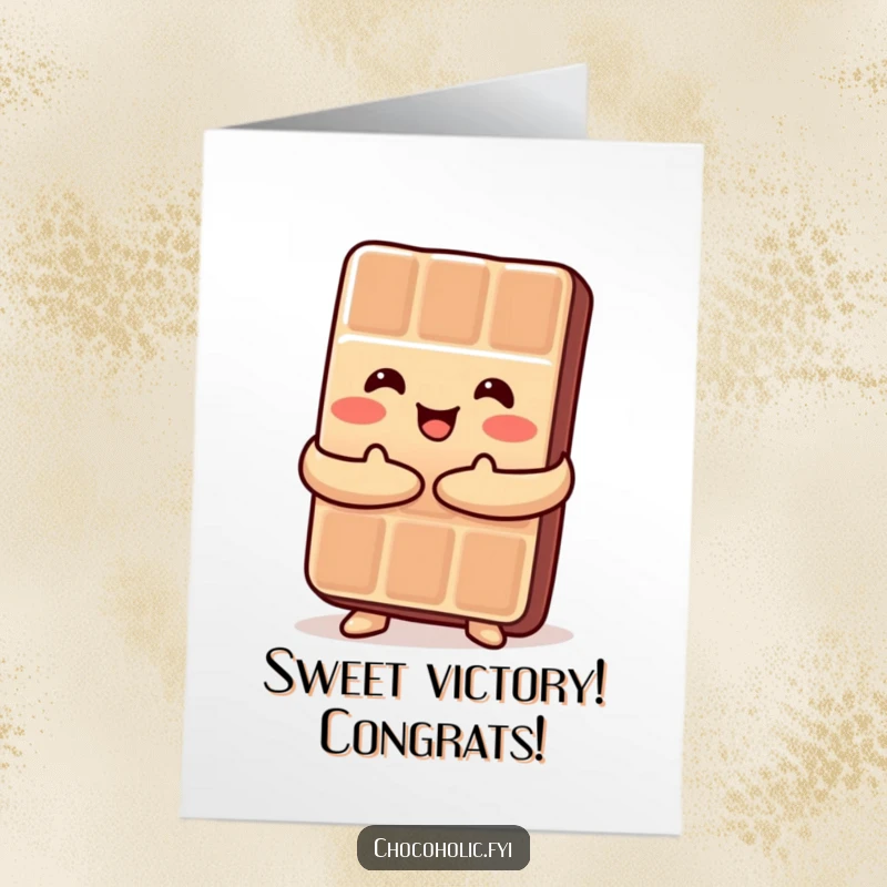 Funny Free Printable Congrats Card: A happy Kawaii chocolate bar wrapped in a self-hug, celebrating joyous news.