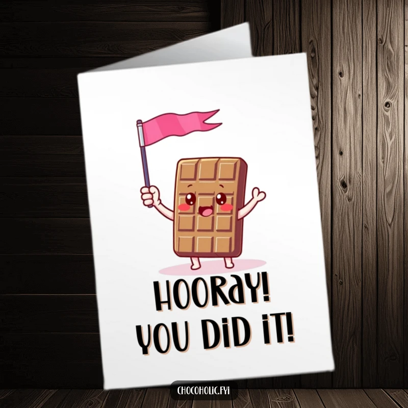 Funny Free Printable congratulations card featuring a chocolate bar character waving a tiny chocolate foil flag.