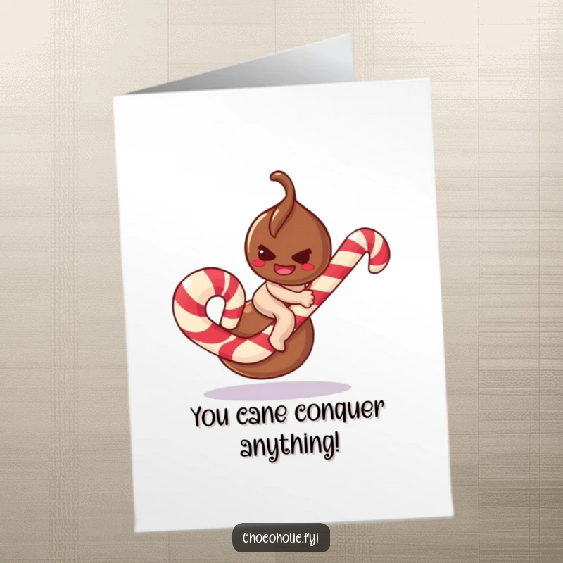 Free printable congratulations card: a cheeky chocolate truffle attempting to ride a giant candy cane with a smirk.