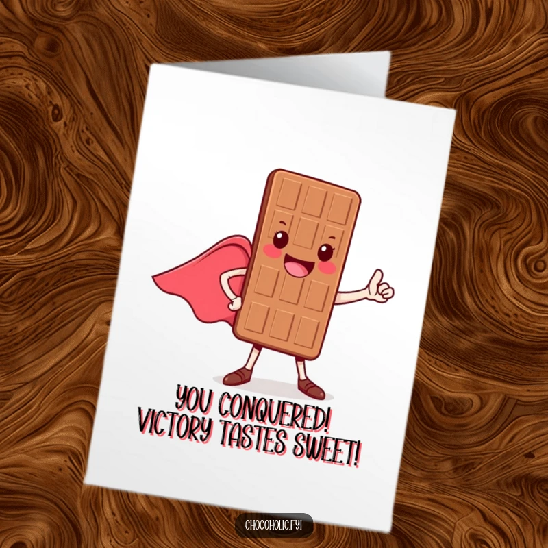 Funny Free Printable Congratulations Card: A heroic chocolate bar striking a triumphant pose, ready to celebrate achievements.