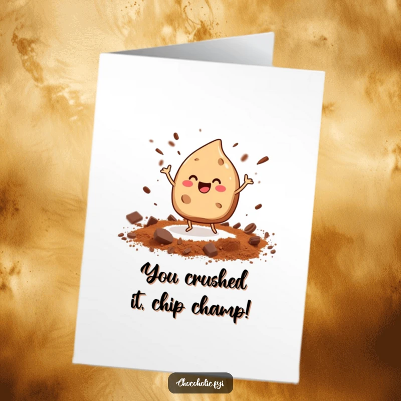 Funny Free Printable Congrats Card featuring a chocolate chip character performing a happy dance and scattering cocoa powder.