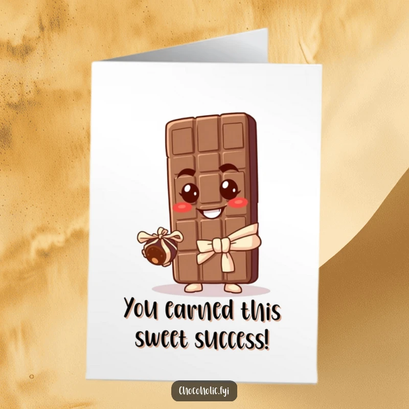 Funny Free Printable congratulations card showing a chocolate bar character offering a tiny wrapped truffle.