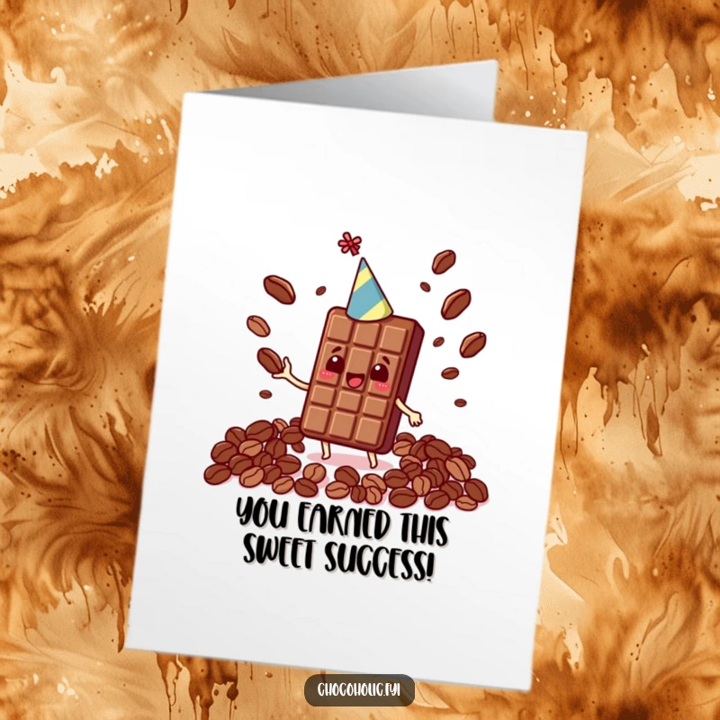 Funny Free Printable Congratulations Card: A cheerful Kawaii chocolate bar wearing a party hat, juggling cocoa beans to celebrate an achievement.