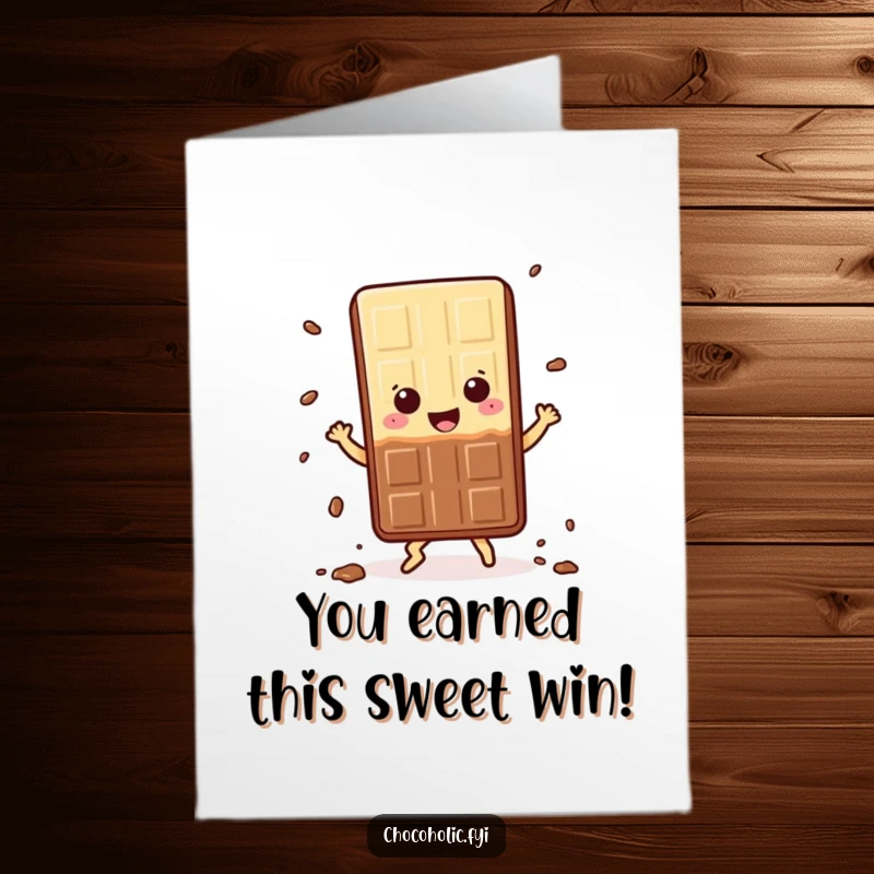 Funny Free Printable Congratulations Card: A kawaii chocolate bar character dances happily, losing crumbs.