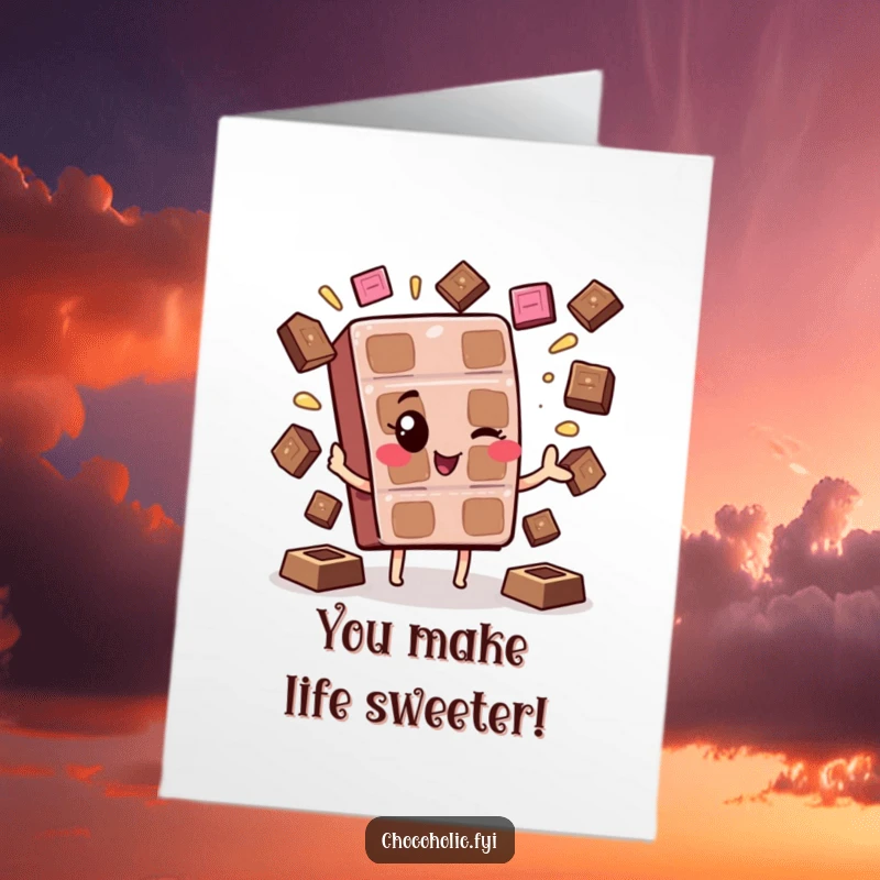 Free Printable Congratulations Card: Kawaii chocolate bar character winking playfully while expertly juggling melting chocolate squares.