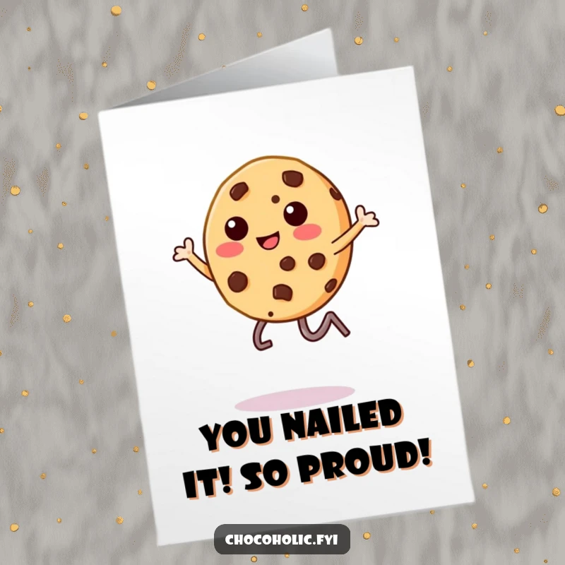 Free Printable Congratulations Card: Energetic kawaii cookie character kicking its legs in the air, celebrating success with humor.