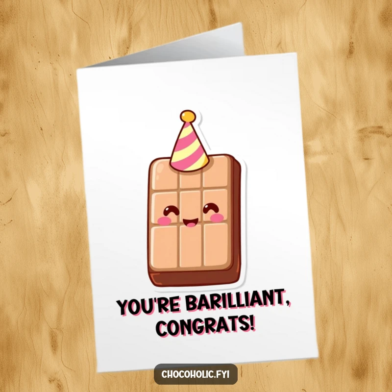 Funny Free Printable Congratulations Card showing a smiling chocolate bar donning a tiny party hat, perfect for celebrating any achievement.