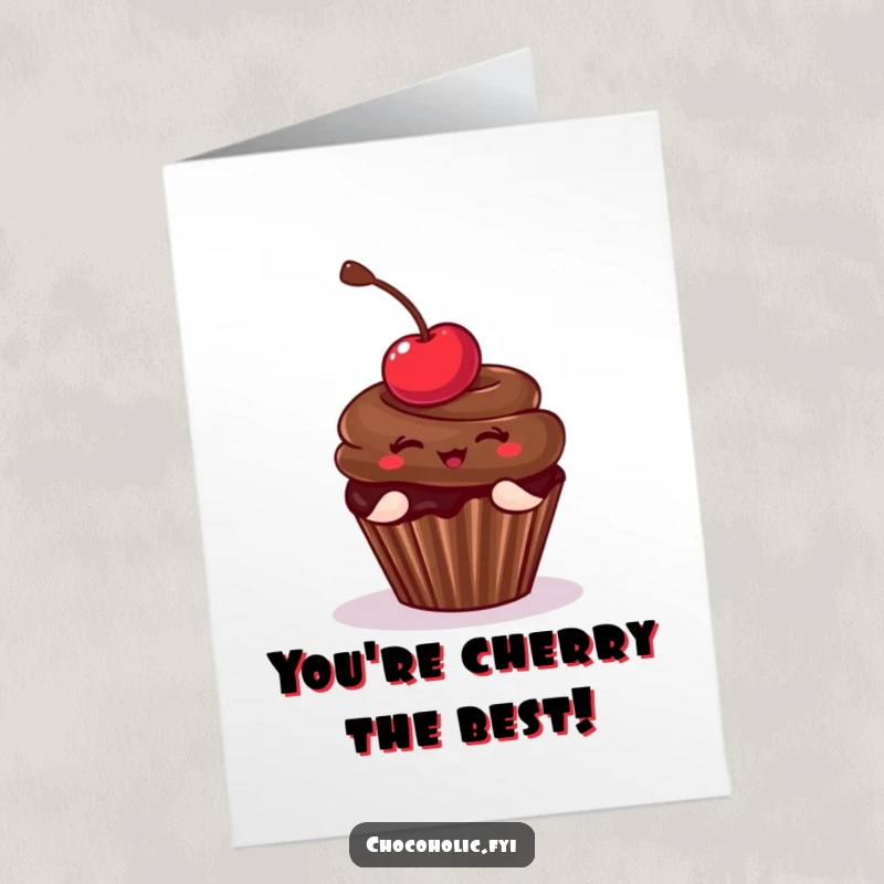 Funny Free Printable Congratulations Card depicting a chocolate cupcake with a cherry striking a playful pose, celebrating achievements with style.
