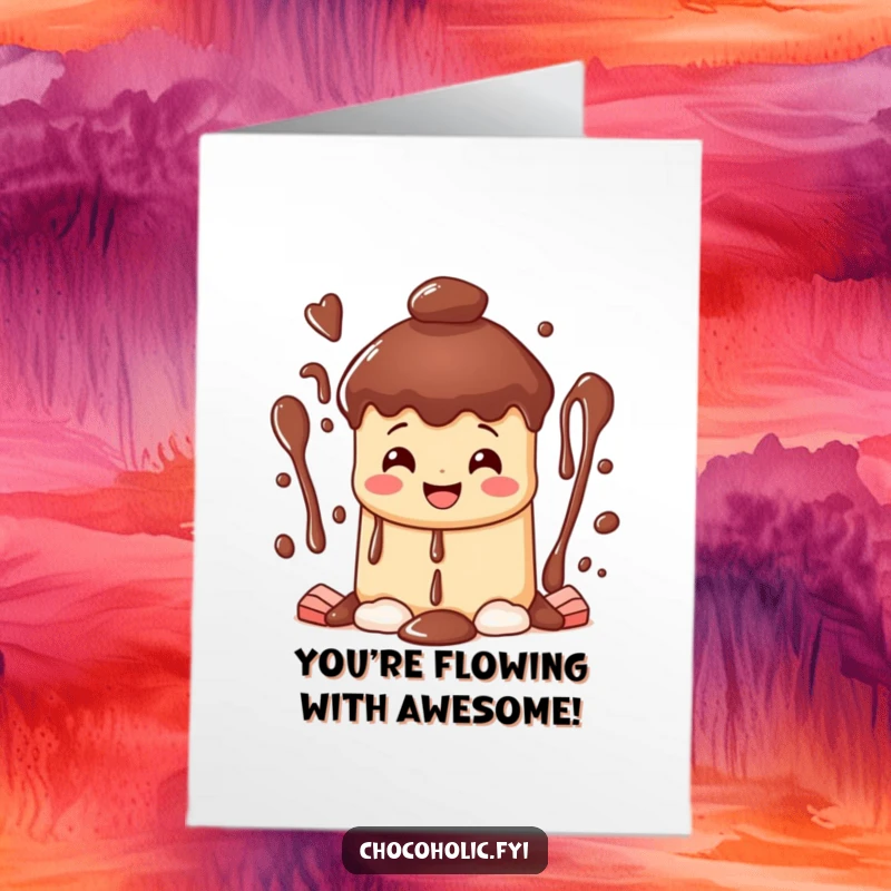 Free printable congratulations card: a beaming chocolate fountain character with streams of delicious chocolate cascading joyfully.