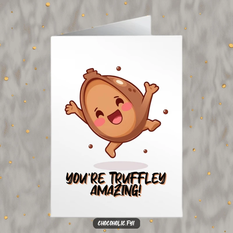 Funny Free Printable Congratulations Card showing a happy chocolate truffle executing a joyful somersault, celebrating success with flair.