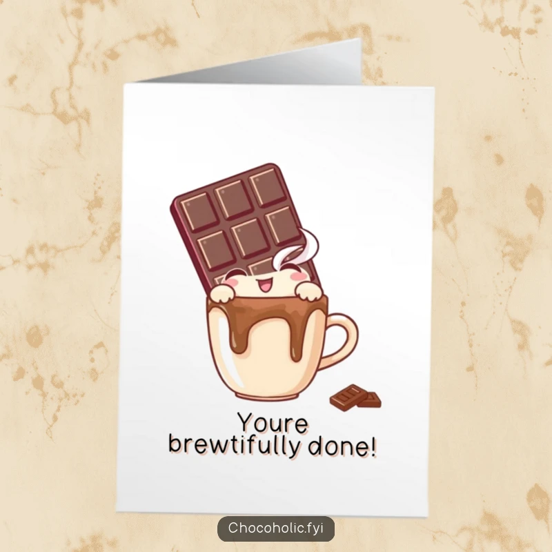 Funny Free Printable Congratulations Card: Chocolate bar character joyfully peeking over a small, steaming mug with delight.
